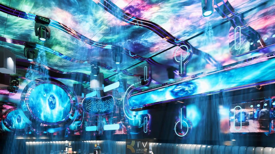 Thiết kế phòng karaoke phong cách Vũ Trụ – Cyber Space, bùng nổ hiệu ứng ánh sáng LED chuyển động đa tầng – tạo cảm giác như lạc vào không gian tương lai đầy mê hoặc.