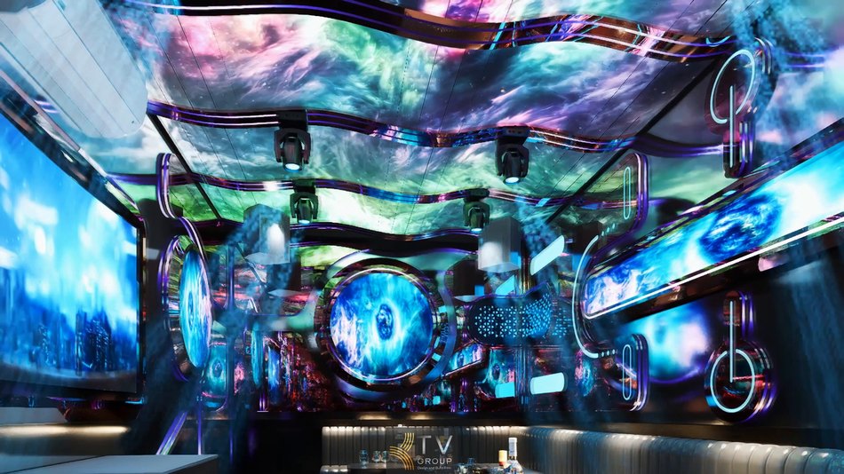 Thiết kế phòng karaoke phong cách Vũ Trụ Cyber Space hiện đại, ánh sáng LED 3D chuyển động – KTV GROUP.