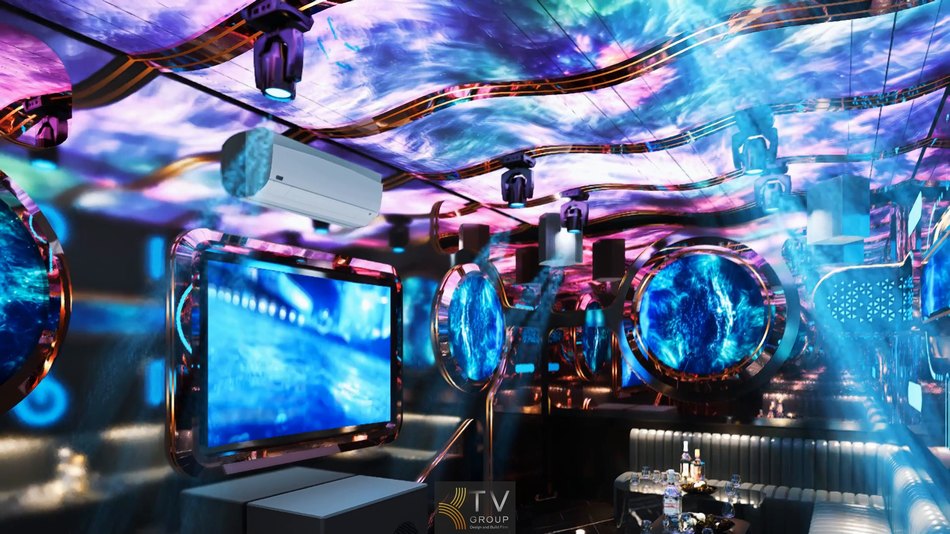 Thiết kế phòng karaoke phong cách LED Hiện Đại – Vũ Trụ Ánh Sáng, mang đến không gian giải trí sống động với hiệu ứng 3D chuyển động liên tục, khơi gợi cảm xúc và năng lượng trẻ trung.
