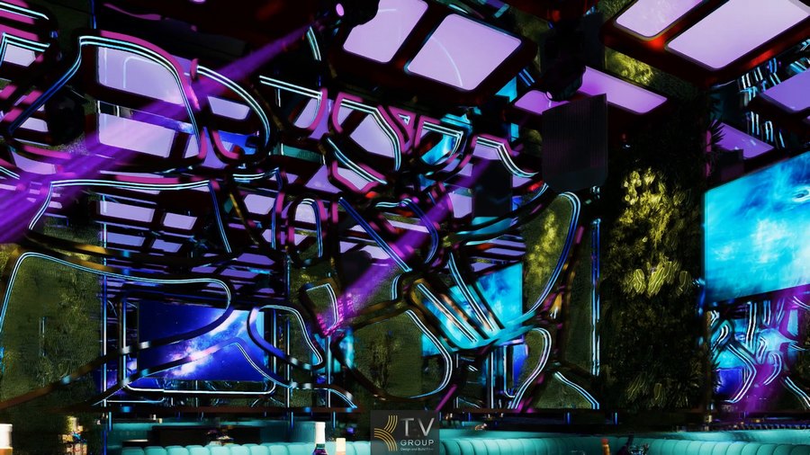Không gian karaoke hiện đại với hiệu ứng ánh sáng LED tím – xanh sống động, trần gương phản chiếu tạo chiều sâu, mang đến trải nghiệm giải trí ấn tượng trong mức chi phí đầu tư tối ưu.