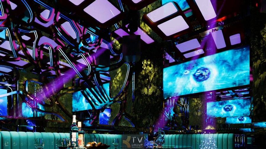 Thiết kế karaoke hiện đại – không gian ấn tượng với chi phí tối ưu, ánh sáng LED và trần gương phản chiếu đẹp mắt.