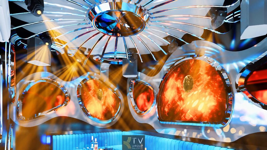 Thiết kế phòng karaoke phong cách vũ trụ hiện đại tại TPHCM – Không gian ánh sáng 3D bùng nổ, trần kim loại phản chiếu và hiệu ứng hành tinh rực cháy, tạo nên trải nghiệm giải trí đậm chất tương lai do KTV GROUP thực hiện.