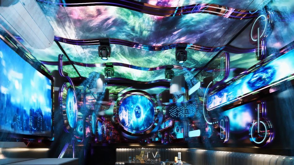 Phòng karaoke LED không gian vũ trụ – hiệu ứng ánh sáng 360°, màn hình LED toàn vách và trần chuyển cảnh theo nhạc, mang đến trải nghiệm giải trí đa chiều đẳng cấp. | KTV GROUP