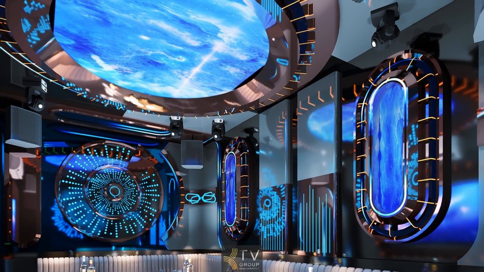 Thiết kế phòng karaoke KTV phong cách tương lai – nổi bật với hệ thống LED cảm ứng xanh dương, trần mô phỏng vũ trụ, hiệu ứng ánh sáng chuyển động mang lại không gian giải trí đậm chất công nghệ.