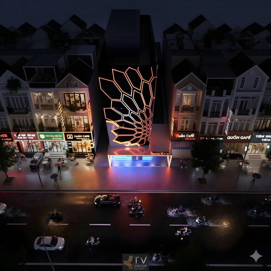 Thiết kế mặt tiền SEOUL KTV – Tây Ninh lấy cảm hứng từ đôi cánh ánh sáng, biểu tượng cho sự bứt phá và sang trọng trong không gian giải trí hiện đại. 