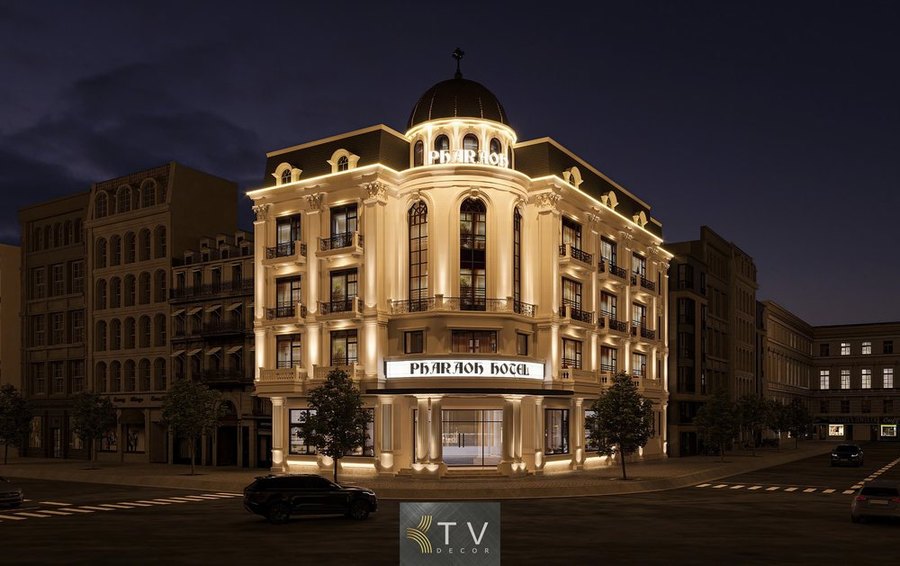 Thiết kế ngoại thất mặt tiền khách sạn Tân Cổ Điển – Nổi bật với chiếu sáng façade và bảng hiệu quảng cáo cao cấp 1