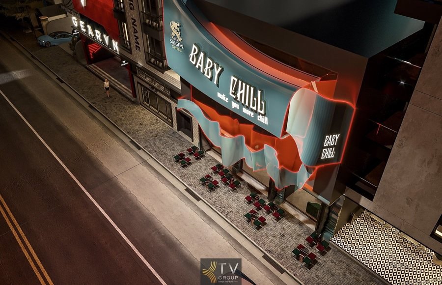 Alt: Thiết kế ngoại thất mặt tiền nhà hàng lounge garden hiện đại với bảng hiệu LED uốn lượn nổi bật 