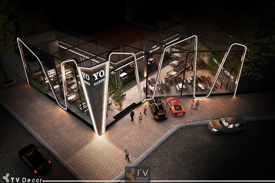 Thiết kế mặt tiền Beer Garden được xây dựng theo phong cách kiến trúc mở, tạo cảm giác rộng rãi và thông thoáng. Khối công trình được bao quanh bởi hệ khung kim loại tạo hình zig-zag độc đáo kết hợp ánh sáng LED chạy viền, giúp mặt tiền trở nên nổi bật mạnh mẽ vào buổi tối.