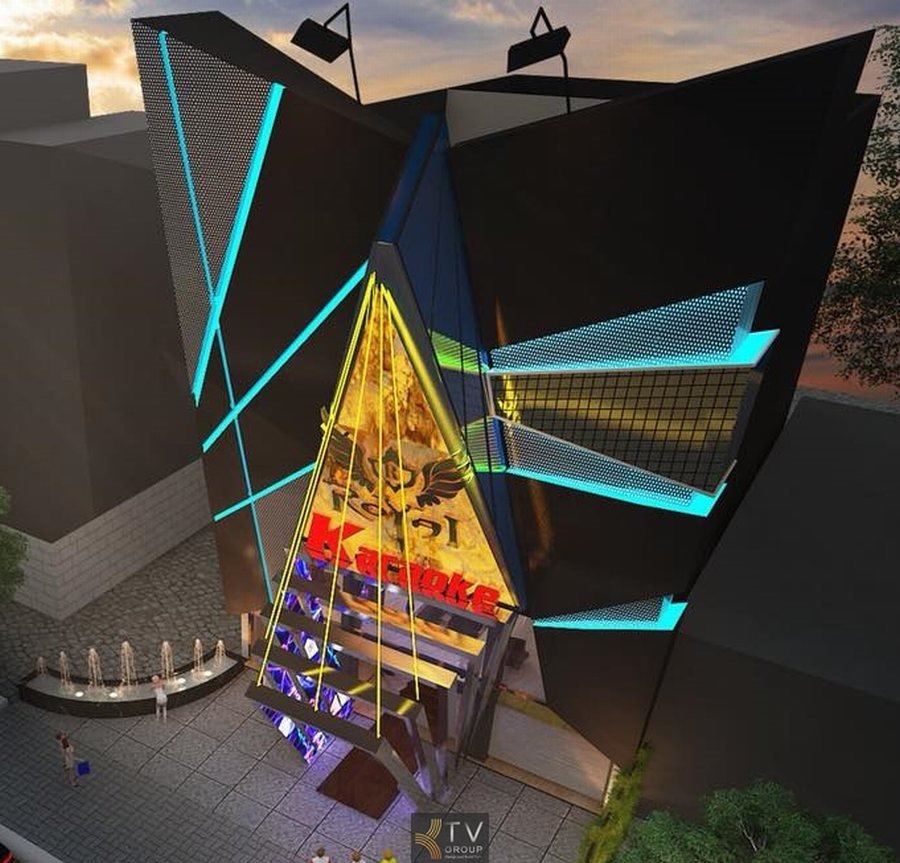 Thiết kế ngoại thất mặt tiền KTV Karaoke hiện đại với ánh sáng LED nổi bật và kiến trúc hình học ấn tượng 
