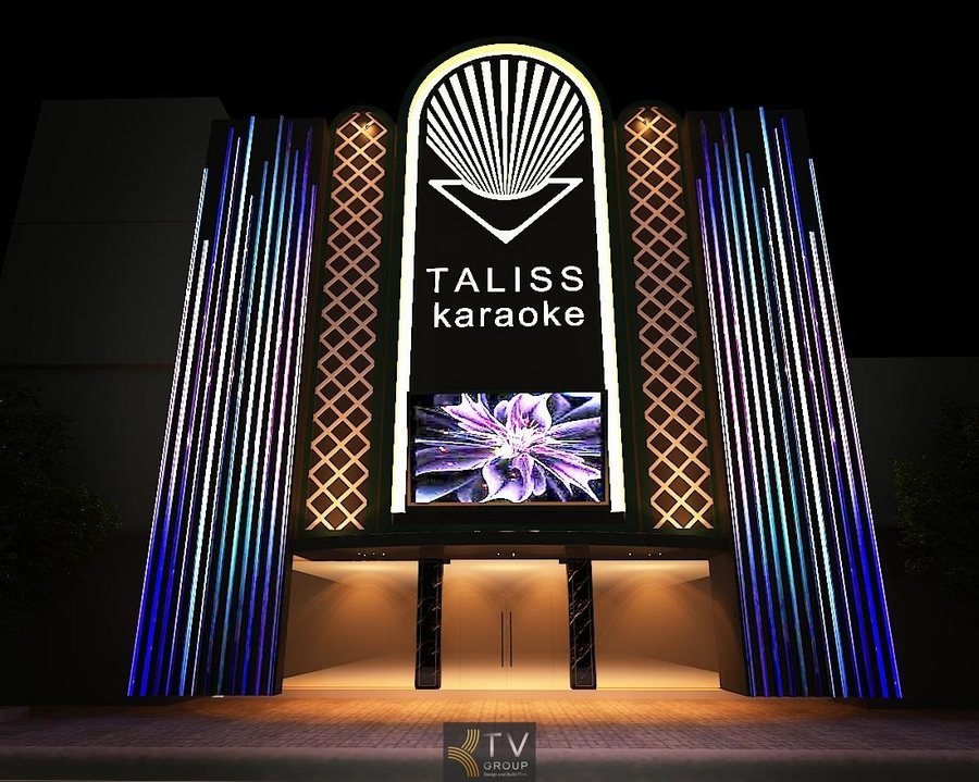 Thiết Kế Ngoại Thất Mặt Tiền Karaoke TALISS Sang Trọng Với Hệ Đèn LED Đa Sắc, Logo Nổi Bật Và Bố Cục Art Deco Hiện Đại Thu Hút Mọi Ánh Nhìn 