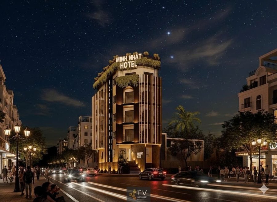 Các ô cửa sổ lớn tạo ánh sáng tự nhiên cho phòng  Mảng tường ốp gỗ nâu trầm sang trọng mặt tiền  Không gian đêm bao quanh khách sạn Minh Nhật 