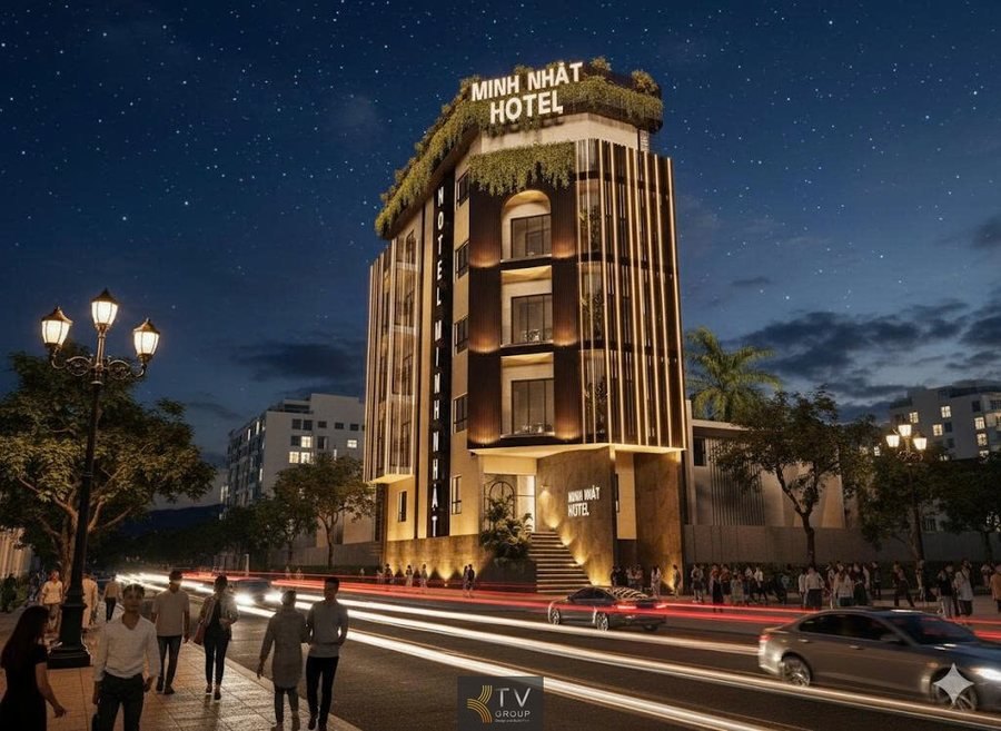 Khối trụ kiến trúc chạy thẳng tạo cảm giác cao ráo  Ánh sáng đường phố phản chiếu lên mặt tiền khách sạn 