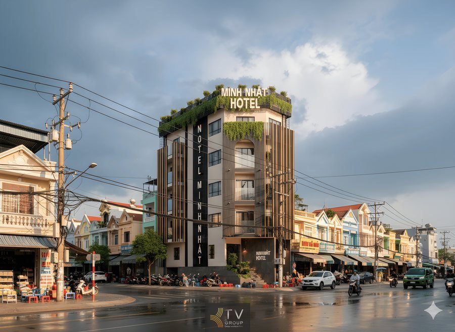 H2: Thiết Kế Ngoại Thất Mặt Tiền Khách Sạn Minh Nhật – Sang Trọng, Hiện Đại Và Nổi Bật Giữa Đô Thị 1