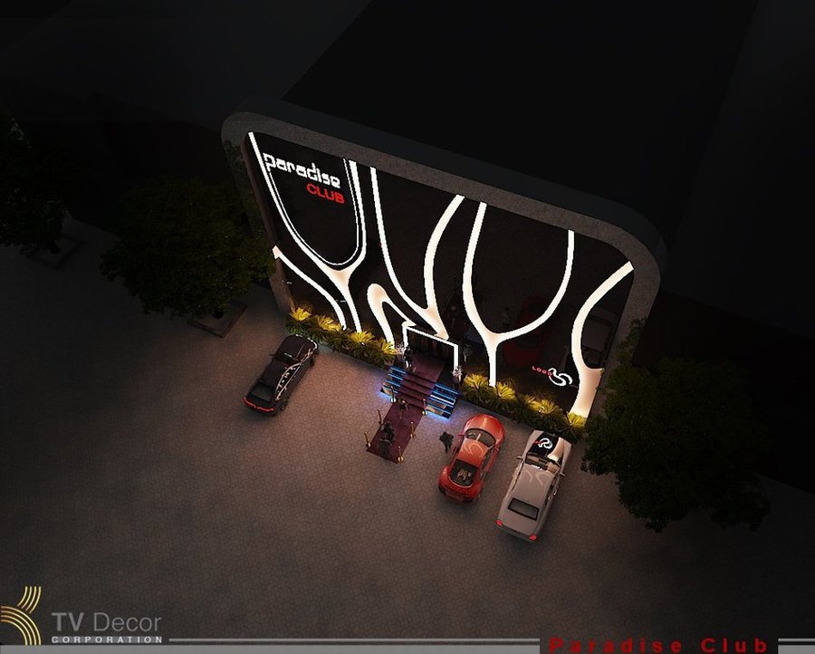 Thiết kế ngoại thất mặt tiền Lounge Bar Paradise Club với hệ thống đèn LED nghệ thuật, kiến trúc sang trọng, tạo điểm nhấn thu hút mạnh mẽ cho không gian giải trí về đêm. 