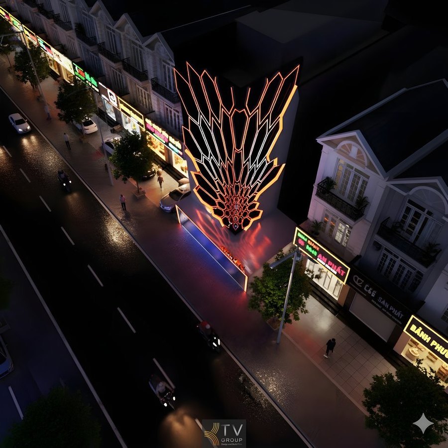 Thiết Kế Mặt Tiền Karaoke KTV Tây Ninh – Hệ LED Nghệ Thuật Hình Học Ấn Tượng, Nổi Bật Giữa Phố Đêm