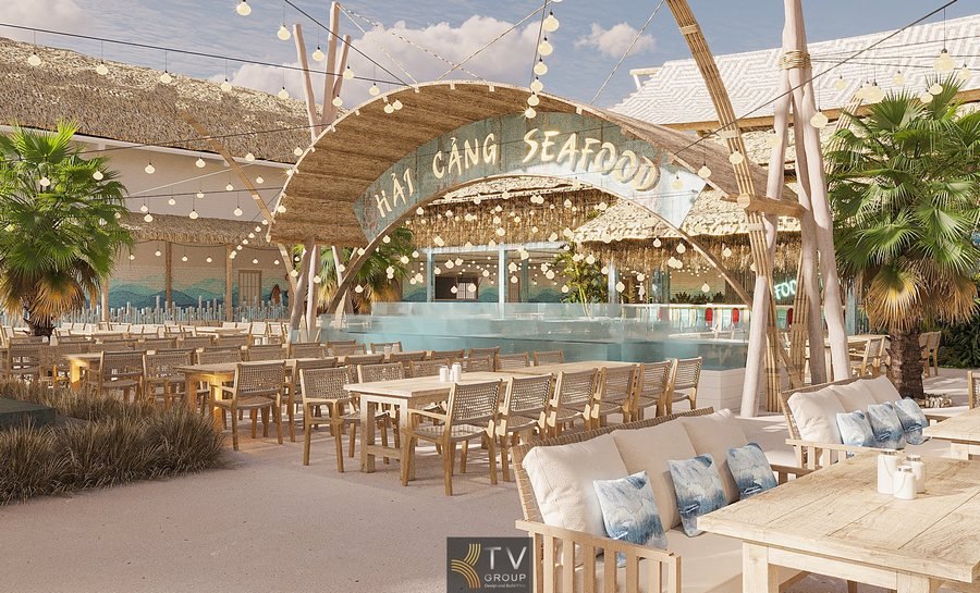 Thiết kế mặt tiền nhà hàng phong cách Tropical sử dụng mái lá tự nhiên, khung gỗ và điểm nhấn trang trí tre độc đáo, mang lại không gian gần gũi, đậm chất nghỉ dưỡng ven biển. 