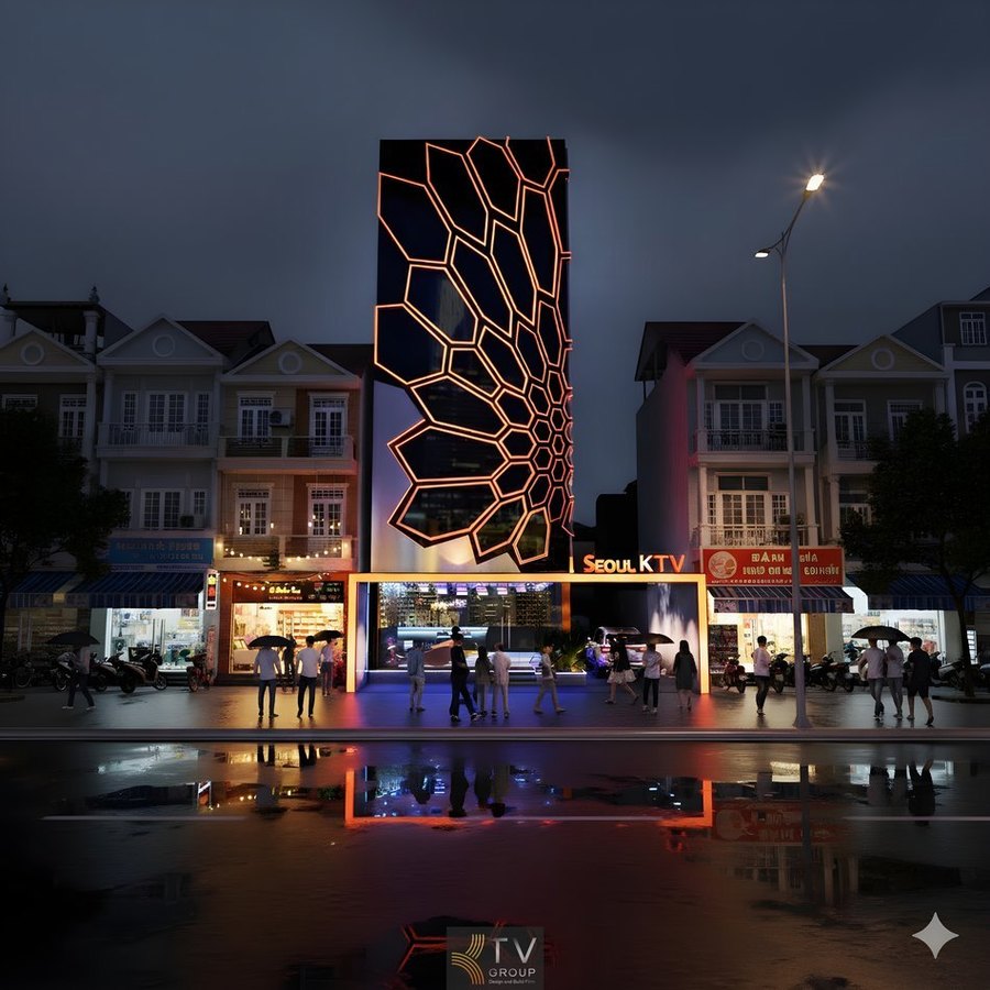 Thiết kế mặt tiền KTV Karaoke Tây Ninh với hệ LED hình học tổ ong khổng lồ nổi bật vào ban đêm