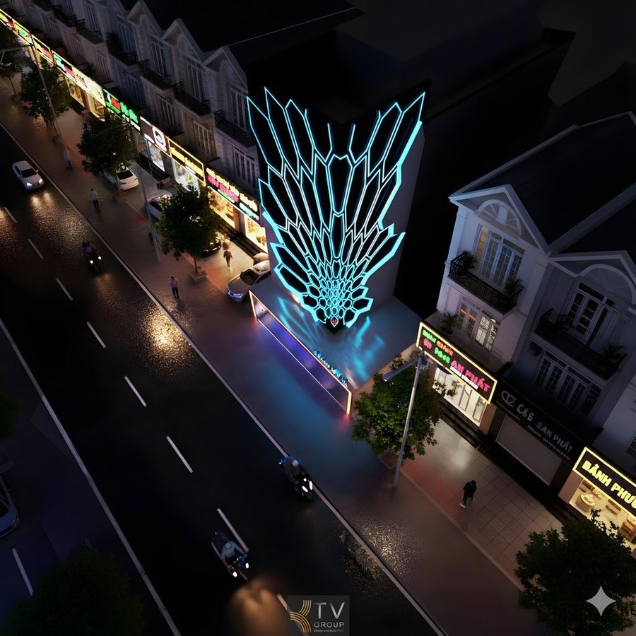 Mẫu thiết kế mặt tiền Karaoke KTV tại Tây Ninh sử dụng họa tiết tổ ong LED khổng lồ, tạo điểm nhấn độc đáo và nổi bật giữa phố đêm.