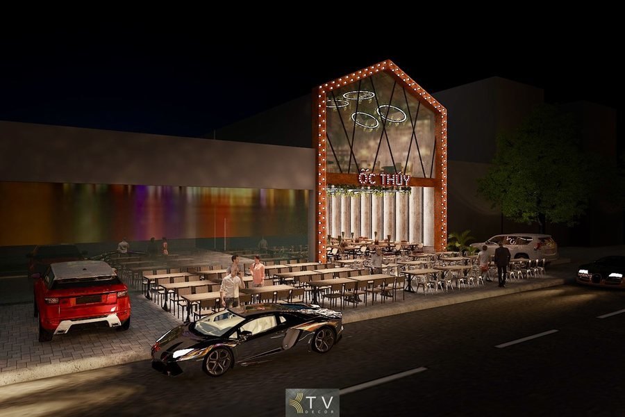 Mẫu Thiết Kế Ngoại Thất Quán Nhậu – Nhà Hàng Hải Sản Với Kiến Trúc Mái Chữ A, Đèn Viền Nổi Bật Và Không Gian Sân Thoáng Rộng 