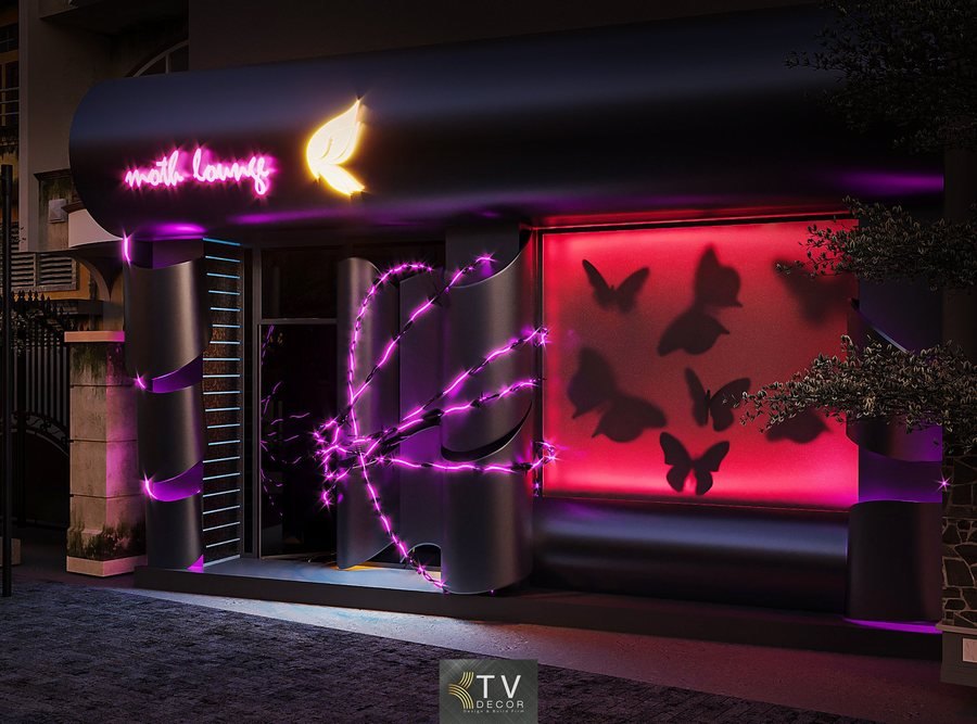Thiết kế mặt tiền Lounge mini phong cách neon hiện đại với đường cong kim loại, ánh sáng tím và hiệu ứng bướm nghệ thuật. Giải pháp hoàn hảo cho nhận diện về đêm.