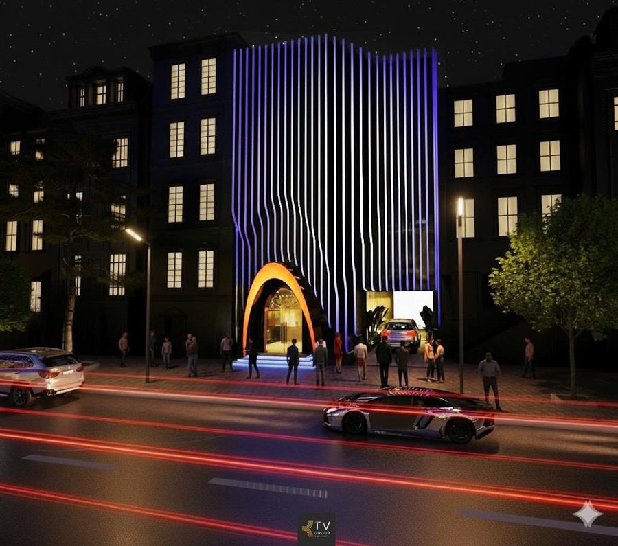 Ngoại thất KTV Karaoke với hệ lam LED nghệ thuật và cổng vòm ánh sáng – Thiết kế bởi KTV Group