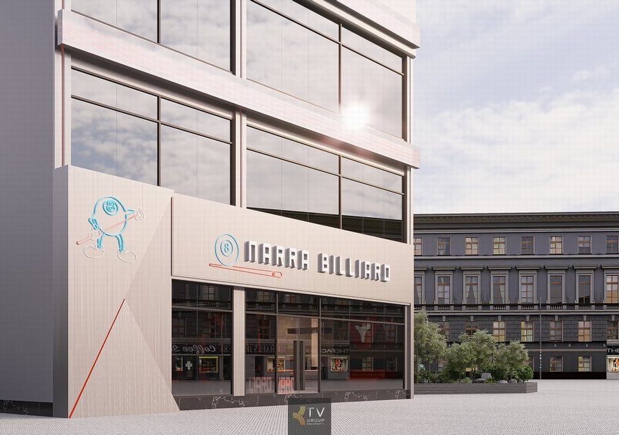 Mặt tiền Club Billiards với đèn LED đỏ nổi bật Bảng hiệu NARRA BILLIARD CLUB về đêm Thiết kế ngoại thất mặt tiền Club Bida phong cách hiện đại