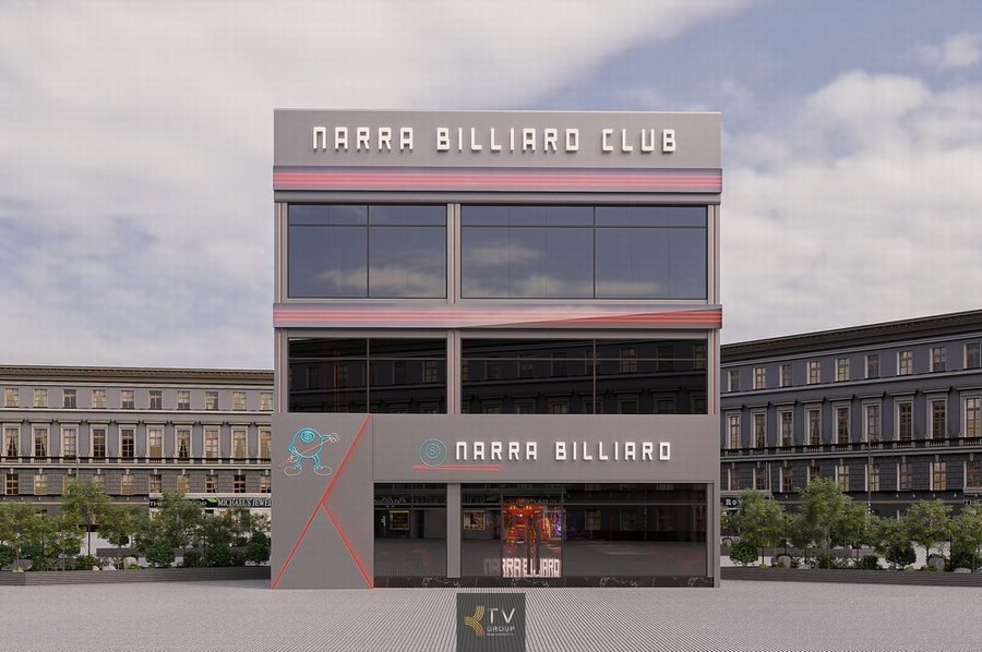 Cửa kính tầng trệt Club Billiards nhìn vào bên trong Kiến trúc dạng khối vuông của Club Billiards Hệ chữ nổi thương hiệu trên tầng ba của club