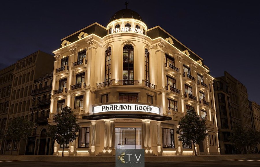 Thiết kế ngoại thất mặt tiền khách sạn Tân Cổ Điển – Nổi bật với chiếu sáng façade và bảng hiệu quảng cáo cao cấp 4