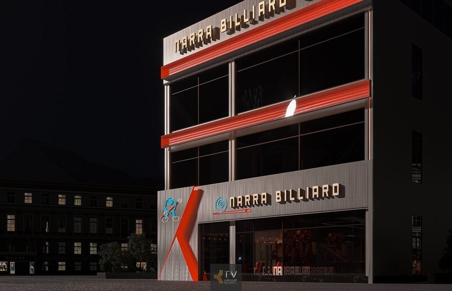 Không gian chiếu sáng bên trong Club Bida nhìn từ ngoài Biểu tượng bi số 8 và họa tiết trang trí mặt tiền Club