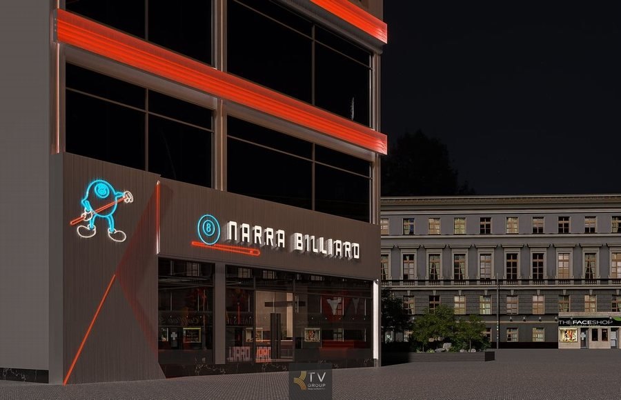 Thiết kế mặt tiền Club Bida Billiards trong hình là sự kết hợp hoàn hảo giữa ánh sáng, thương hiệu và kiến trúc đơn giản – hiện đại. Hệ LED đỏ đặc trưng tạo nên bản sắc riêng, giúp công trình dễ dàng nổi bật trong khu vực và thu hút khách đến trải nghiệm