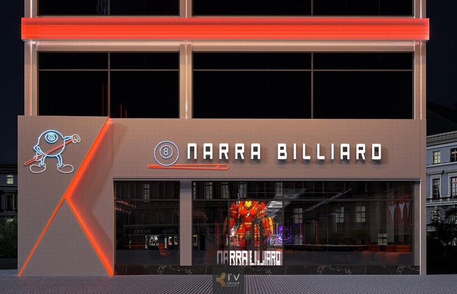 Artwork bi-a trên tường trước Club Billiards Cửa kính tầng trệt Club Billiards nhìn vào bên trong Kiến trúc dạng khối vuông của Club Billiards Hệ chữ nổi thương hiệu trên tầng ba của club