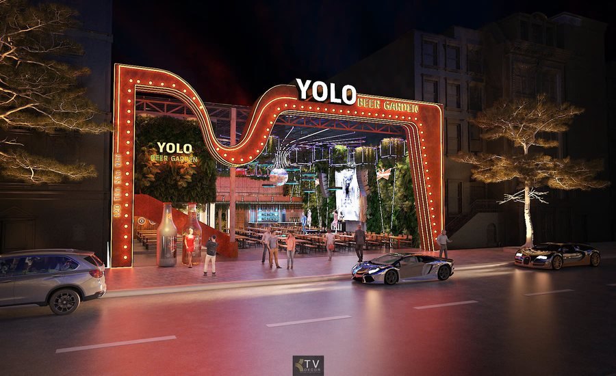 Thiết kế ngoại thất mặt tiền nhà hàng Beer Garden – YOLO Beer Garden nổi bật với ánh sáng và không gian mở