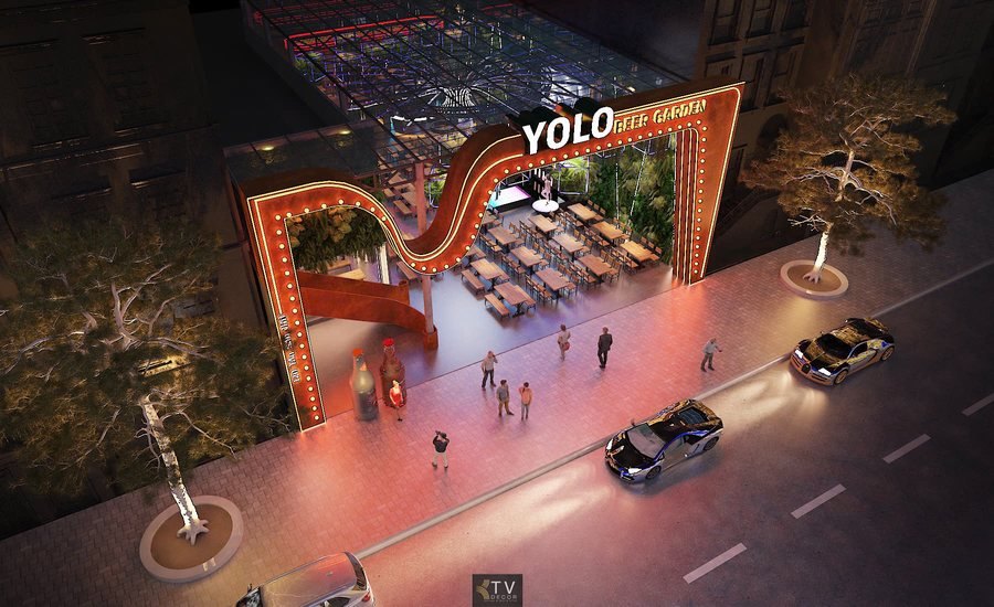 Thiết kế ngoại thất mặt tiền YOLO Beer Garden nổi bật với ánh sáng LED, kiến trúc mở và điểm nhấn trang trí độc đáo, tạo nên một công trình giải trí hiện đại và thu hút giới trẻ.