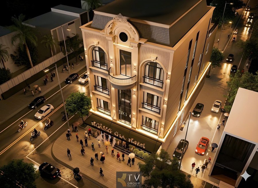 Thiết kế ngoại thất mặt tiền khách sạn với ánh sáng façade và cửa vòm sang trọng theo phong cách Tân Cổ Điển