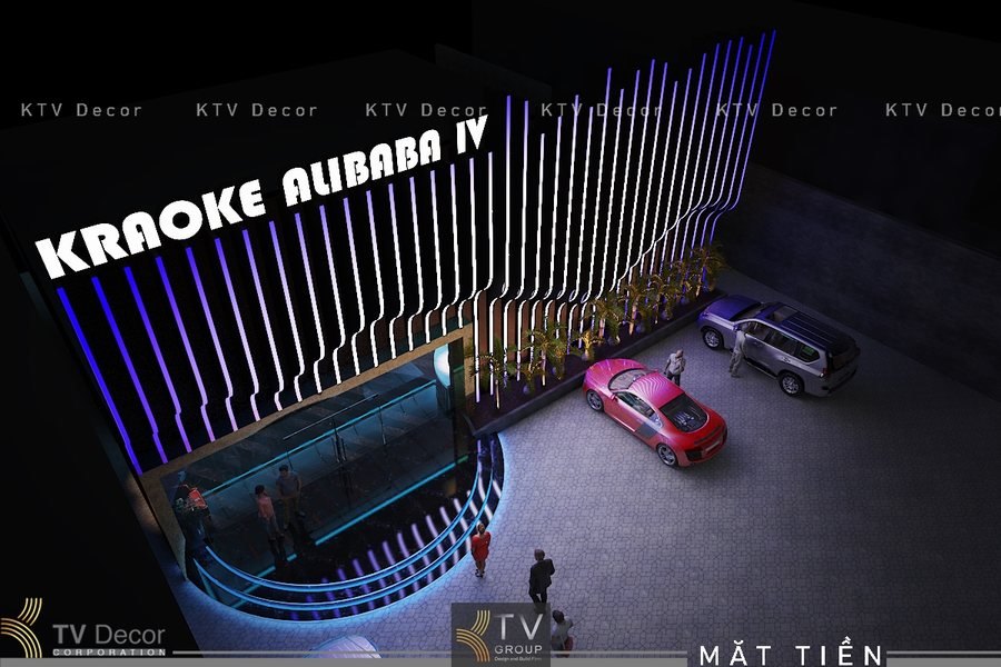 thiết kế mặt tiền karaoke, thiết kế exterior KTV, ánh sáng đối màu karaoke, mặt tiền karaoke đẹp, thiết kế quảng cáo karaoke, kiến trúc karaoke hiện đại, LED mặt tiền KTV