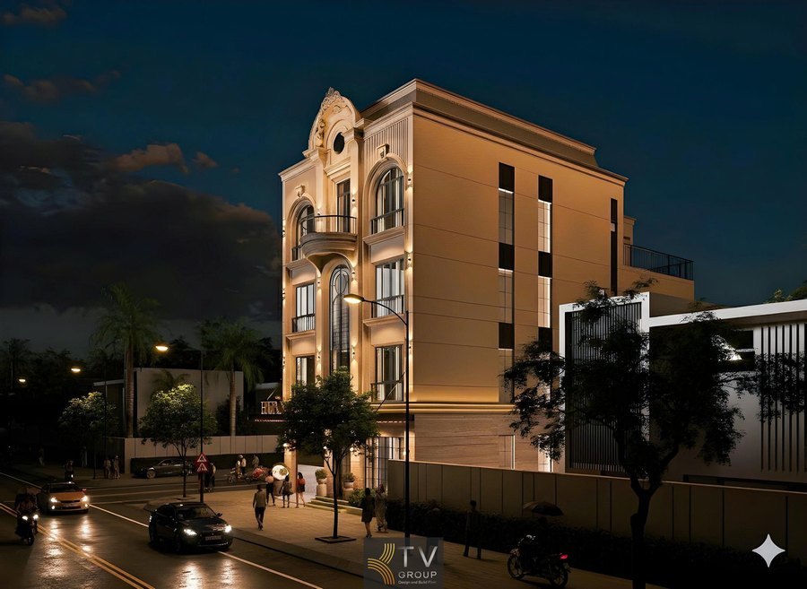 Giải pháp thiết kế mặt tiền quảng cáo khách sạn với ban công cong và hệ chiếu sáng nổi bật theo hình ảnh thực tế