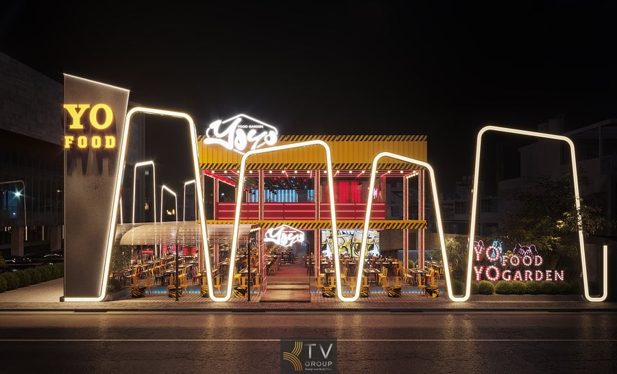 Mặt tiền nhà hàng Garden sử dụng ánh sáng viền LED, hình khối kiến trúc cao cấp giúp tăng nhận diện thương hiệu và tạo ấn tượng mạnh về đêm