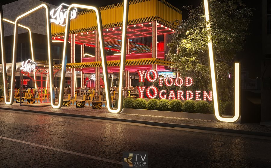 Thiết kế mặt tiền nhà hàng Garden gây ấn tượng bởi hệ đèn LED bao viền toàn công trình, tạo nên hiệu ứng ánh sáng mạnh mẽ và phong cách trẻ trung, hiện đại.