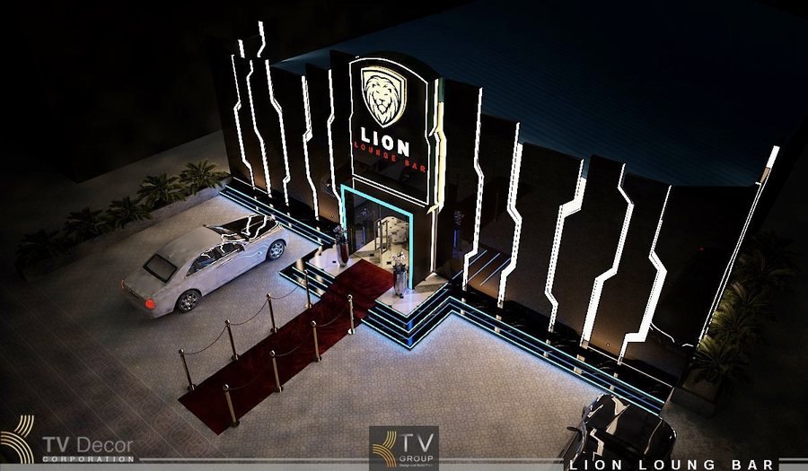 H1: Thiết kế ngoại thất mặt tiền Lounge Club – Phối cảnh quảng cáo sang trọng theo phong cách Lion Lounge Bar