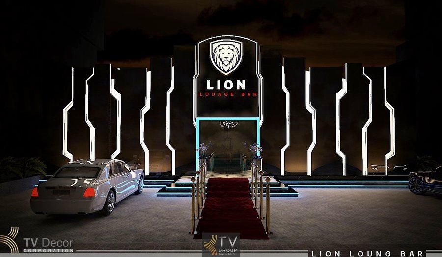 Thiết kế ngoại thất mặt tiền Lounge Club phong cách Lion sang trọng, sử dụng ánh sáng LED mạnh mẽ, hình khối độc đáo và mặt tiền nổi bật thu hút mọi ánh nhìn. 