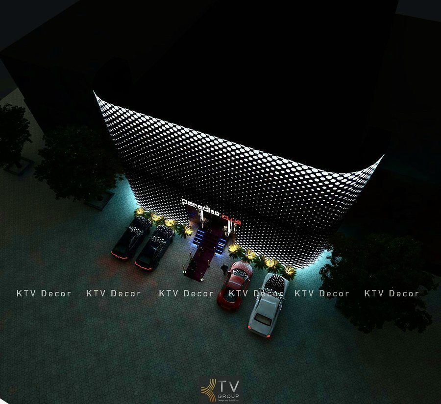 Thiết kế mặt tiền Lounge Club với façade lưới ánh sáng LED tổ ong uốn cong cực kỳ nổi bật 