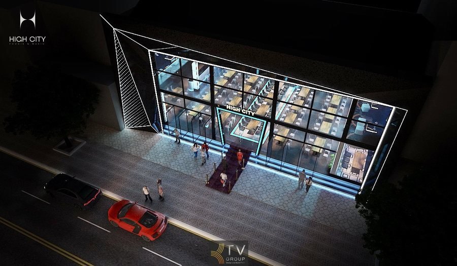 Mẫu mặt tiền Beer Garden phong cách trẻ trung – kiến trúc sắc cạnh – ánh sáng ấn tượng, thu hút khách từ xa và tăng nhận diện thương hiệu tối đa. 