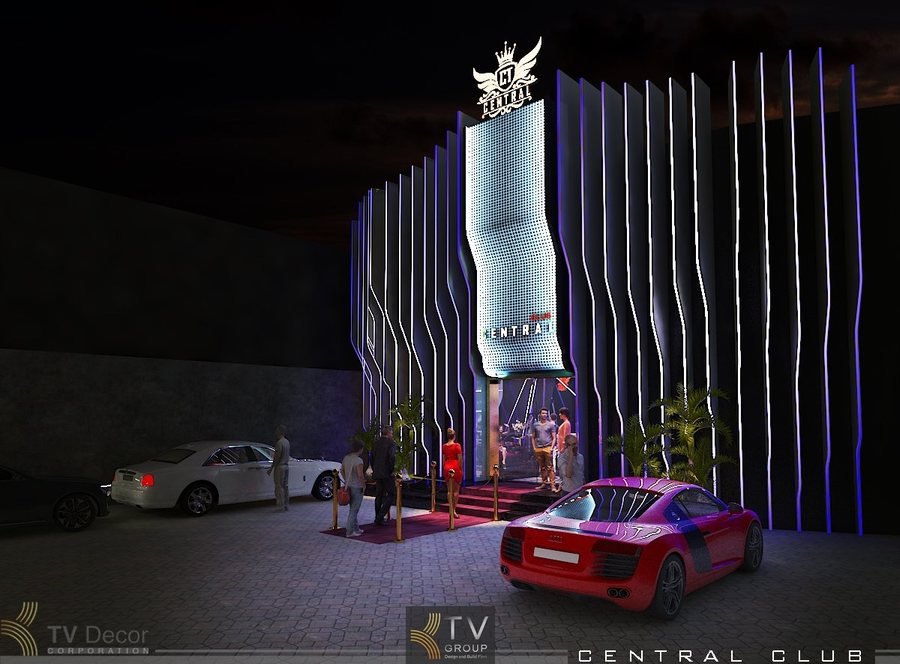 Thiết kế mặt tiền Club hiện đại dành cho giới trẻ, nổi bật với hệ lam sóng đứng, LED đổi màu và màn hình uốn lượn tạo hiệu ứng ánh sáng cực kỳ thu hút. 