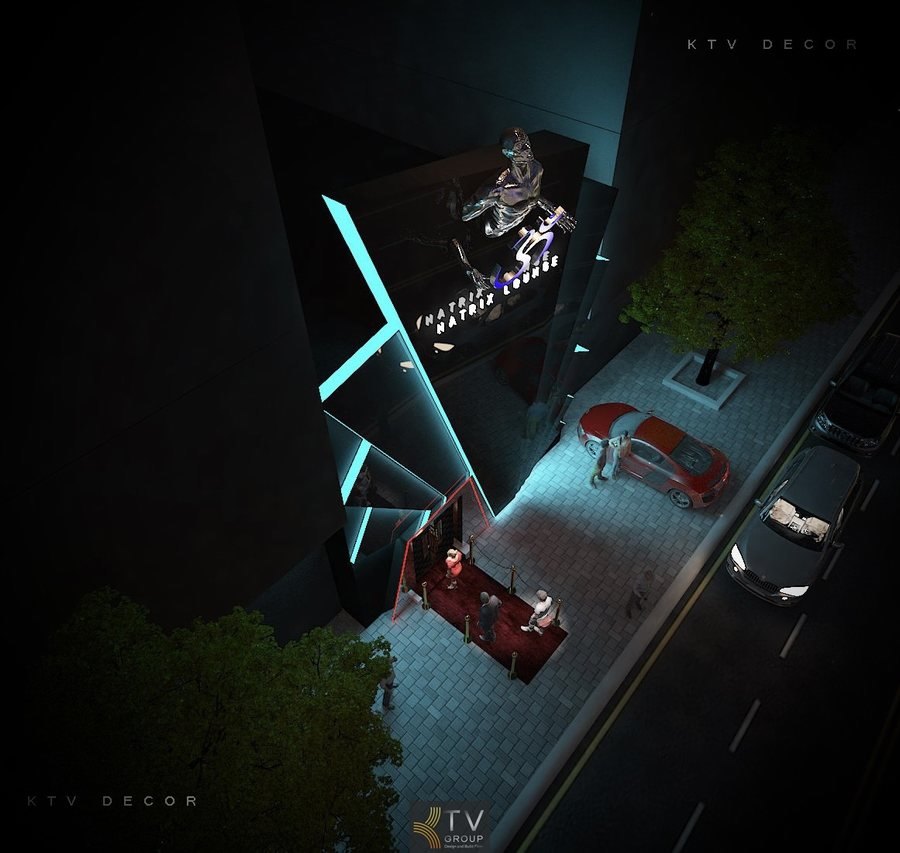 “Thiết kế ngoại thất mặt tiền Lounge phong cách tương lai với ánh sáng neon nổi bật, kiến trúc hình học góc cạnh và điểm nhấn nghệ thuật giúp tăng nhận diện thương hiệu và tạo ấn tượng mạnh mẽ.