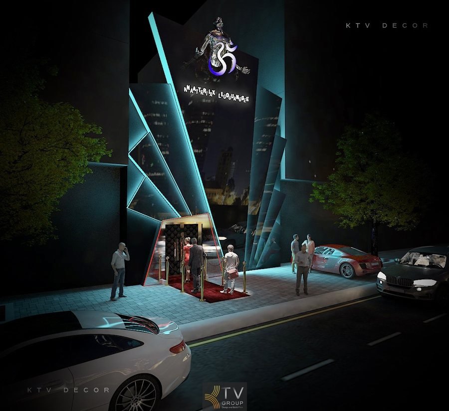 Thiết kế ngoại thất mặt tiền Lounge trong hình thể hiện sự đầu tư cao về thẩm mỹ và nhận diện thương hiệu. Sự kết hợp giữa ánh sáng neon, kiến trúc hình học, chất liệu hiện đại và bố cục không gian hợp lý tạo nên một mặt tiền đẳng cấp – thu hút – mang dấu ấn riêng, phù hợp cho mô hình giải trí cao cấp. 