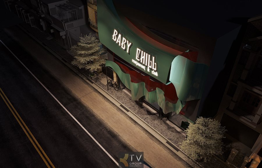 “Thiết kế ngoại thất mặt tiền Baby Chill Restaurant & Club với kiến trúc uốn cong độc đáo, ánh sáng neon nổi bật và không gian garden sang trọng tạo nên điểm nhấn ấn tượng giữa phố.” 