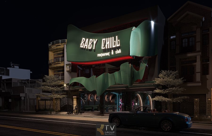 Thiết kế mặt tiền Baby Chill Restaurant & Club mang đậm phong cách nghệ thuật hiện đại, kết hợp các đường cong độc đáo và ánh sáng neon tạo nên một công trình nổi bật – cuốn hút – khác biệt hoàn toàn so với những mặt tiền nhà hàng, lounge truyền thống. Đây là một giải pháp thiết kế tuyệt vời cho các mô hình giải trí – ẩm thực muốn tạo dấu ấn mạnh mẽ và thu hút khách từ xa. 
