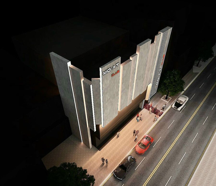 Thiết kế ngoại thất mặt tiền Lounge Nightlife hiện đại với khối kiến trúc nổi và hệ LED chạy viền