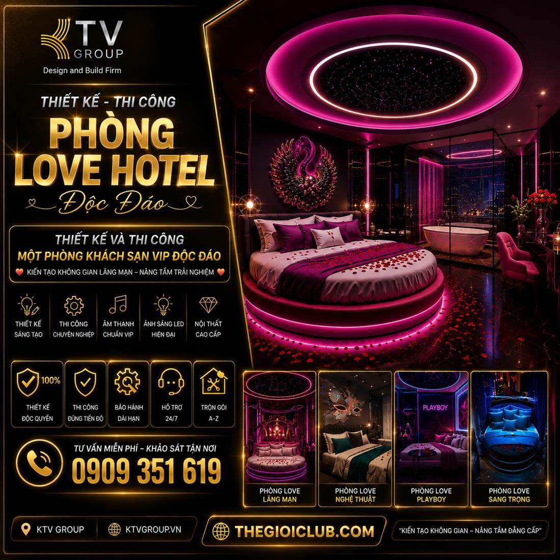 KTV GROUP chuyên thiết kế – thi công Love Hotel, Concept Hotel theo hơn 99+ chủ đề độc đáo như Luxury, Romantic, Cyber Future, Galaxy, Ocean, Crystal, Forest, Paris, Santorini, Bali, Dubai, AI Smart Hotel..., mang đến không gian nghỉ dưỡng khác biệt, sang trọng và giàu cảm xúc.