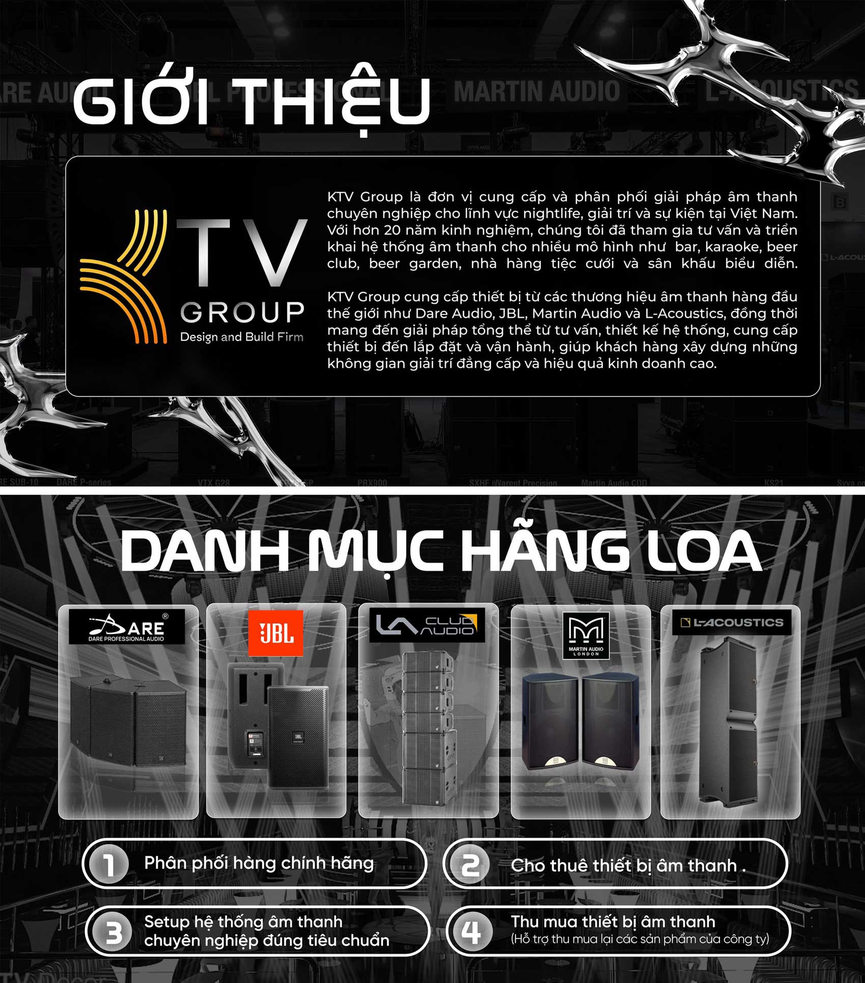 Hệ thống loa âm thanh chuyên nghiệp từ các thương hiệu hàng đầu như Dare Audio, JBL, Martin Audio, L-Acoustics được KTV Group cung cấp và lắp đặt cho bar, club, karaoke, mang lại chất lượng âm thanh mạnh mẽ, sống động và đẳng cấp.